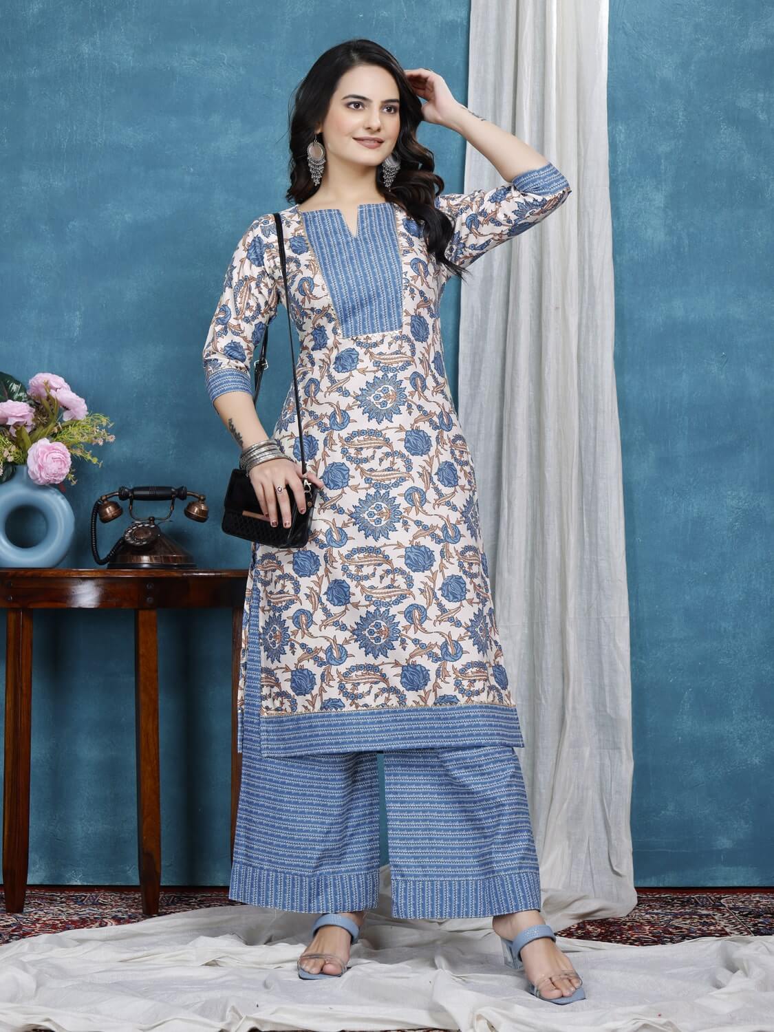zelzis light blue floral cotton kurta plazzo set for women