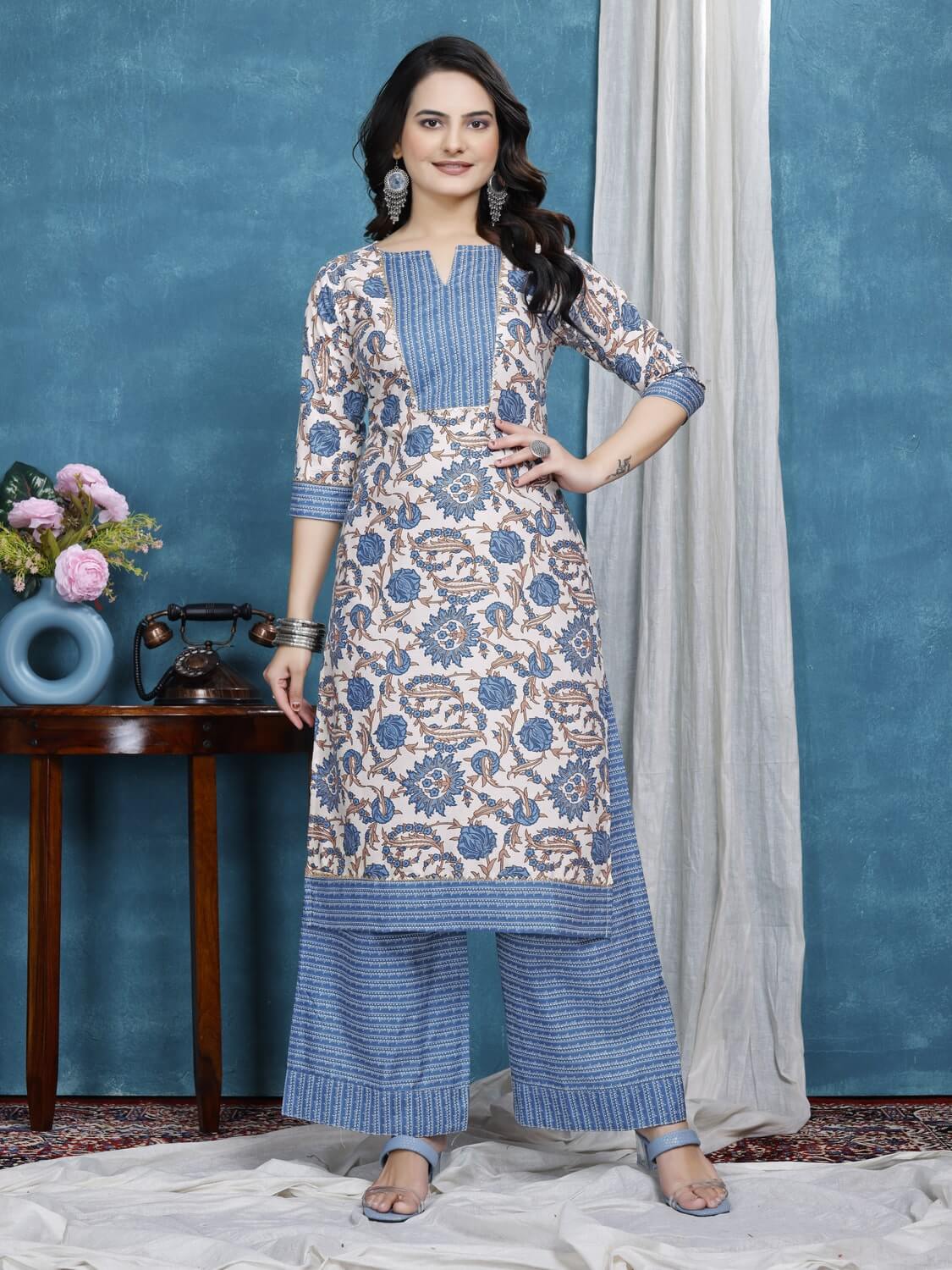 zelzis light blue floral cotton kurta plazzo set for women