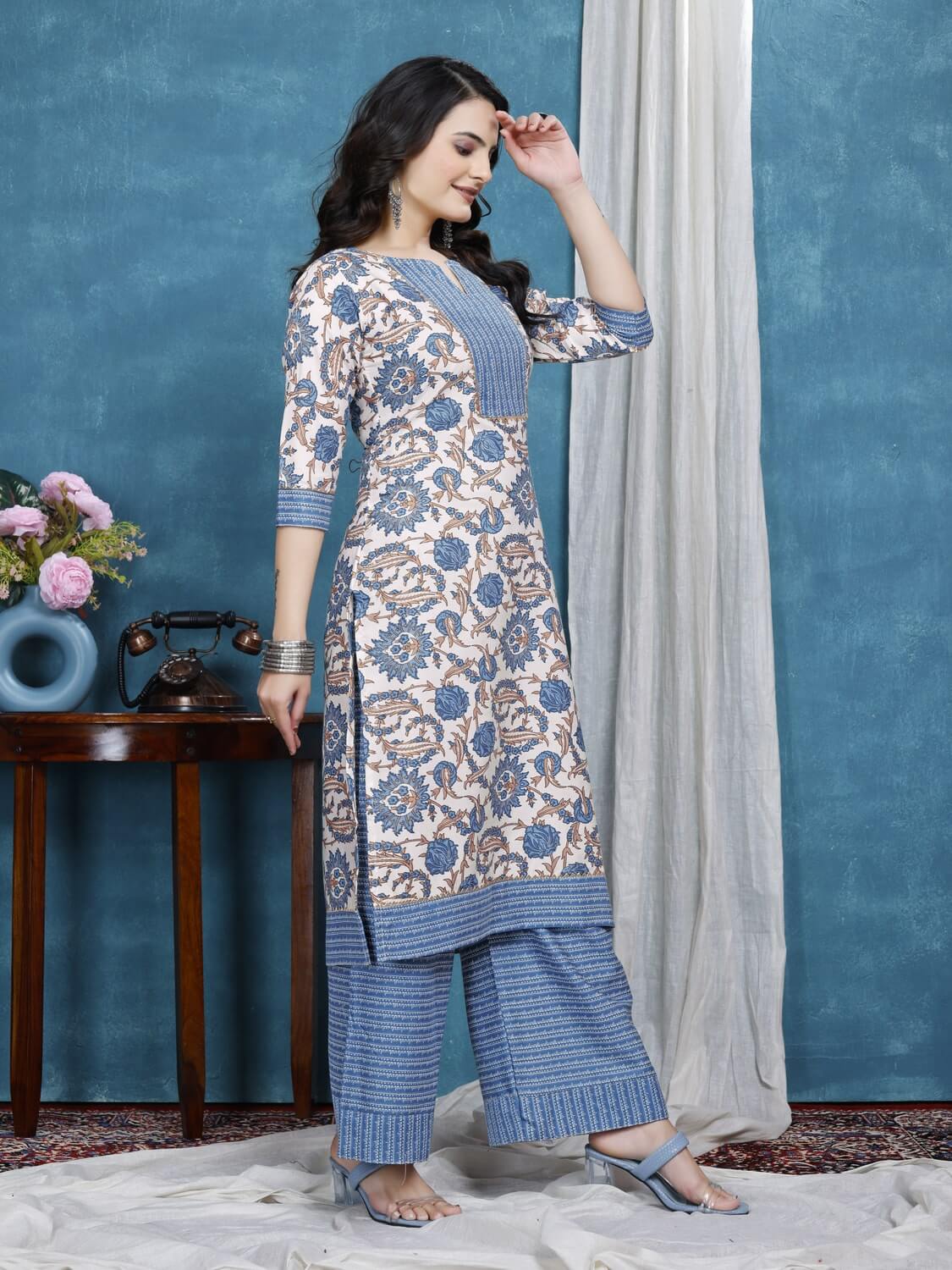 zelzis light blue floral cotton kurta plazzo set for women