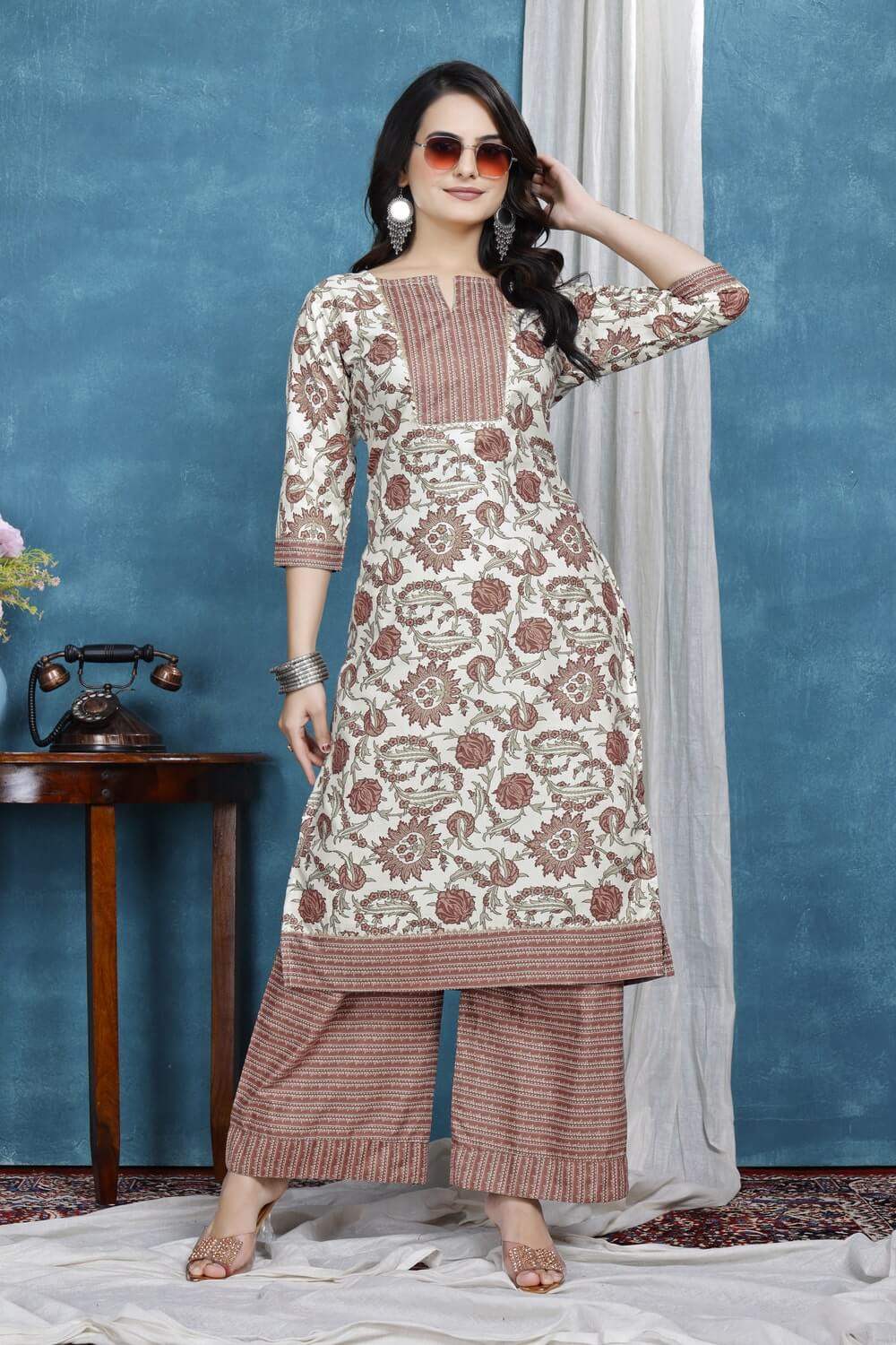 zelzis peach floral cotton kurta plazzo set for women