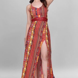 orange multi color ethnic cotton maxi dress for women – party wear