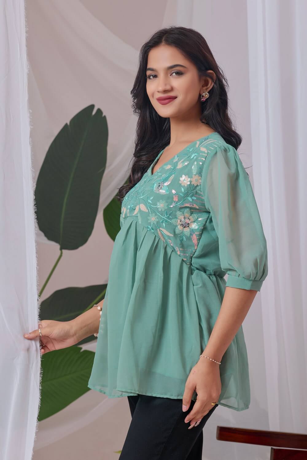 zelzis light green embroidered georgette top for women