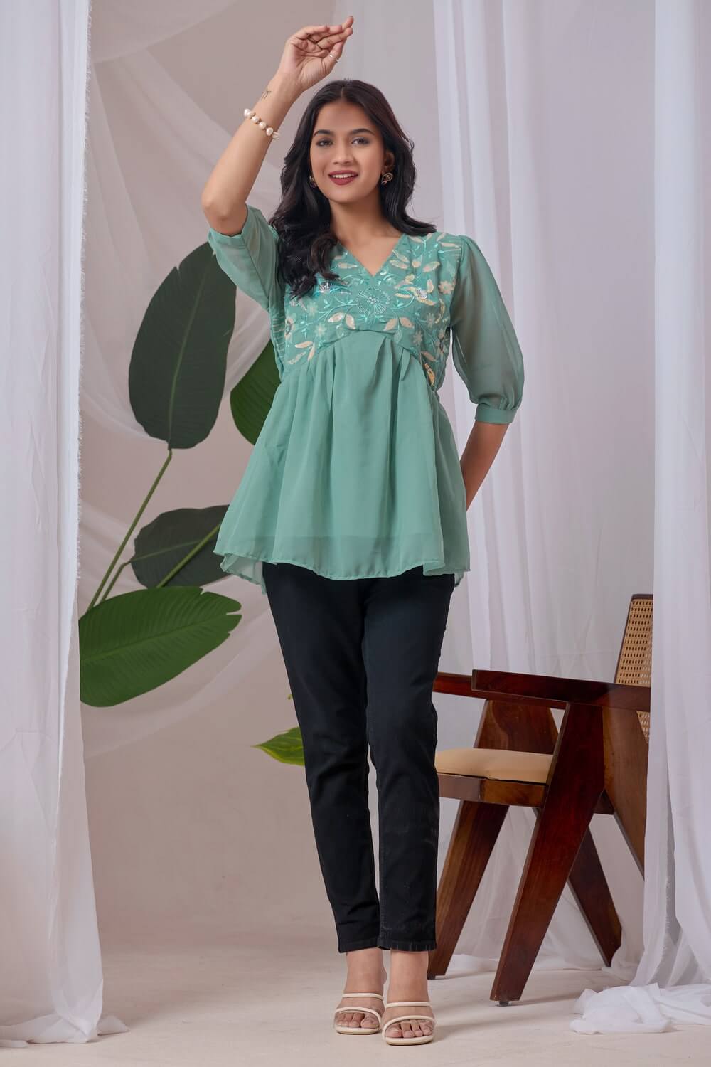 zelzis light green embroidered georgette top for women