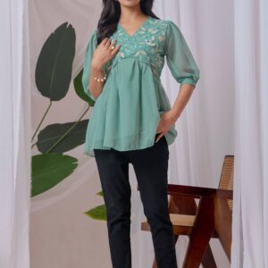 zelzis light green embroidered georgette top for women