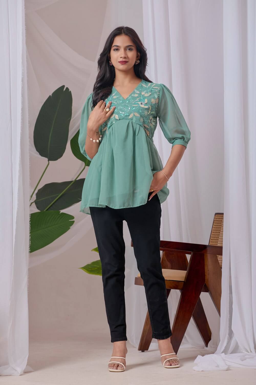 zelzis light green embroidered georgette top for women
