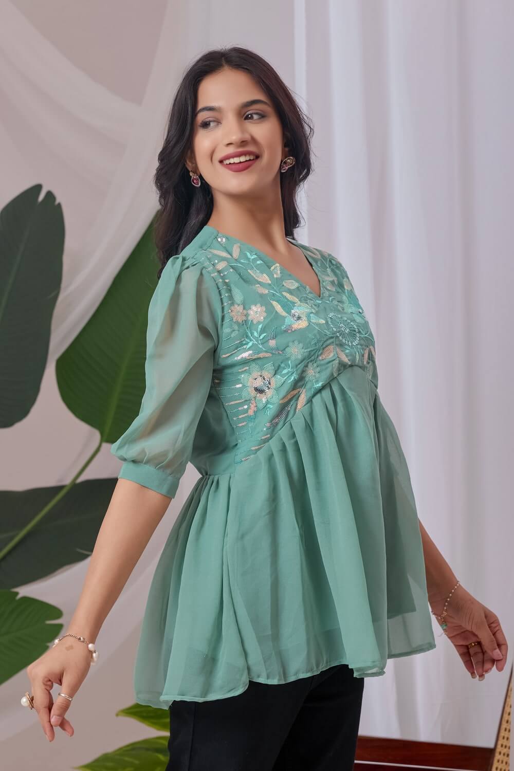 zelzis light green embroidered georgette top for women