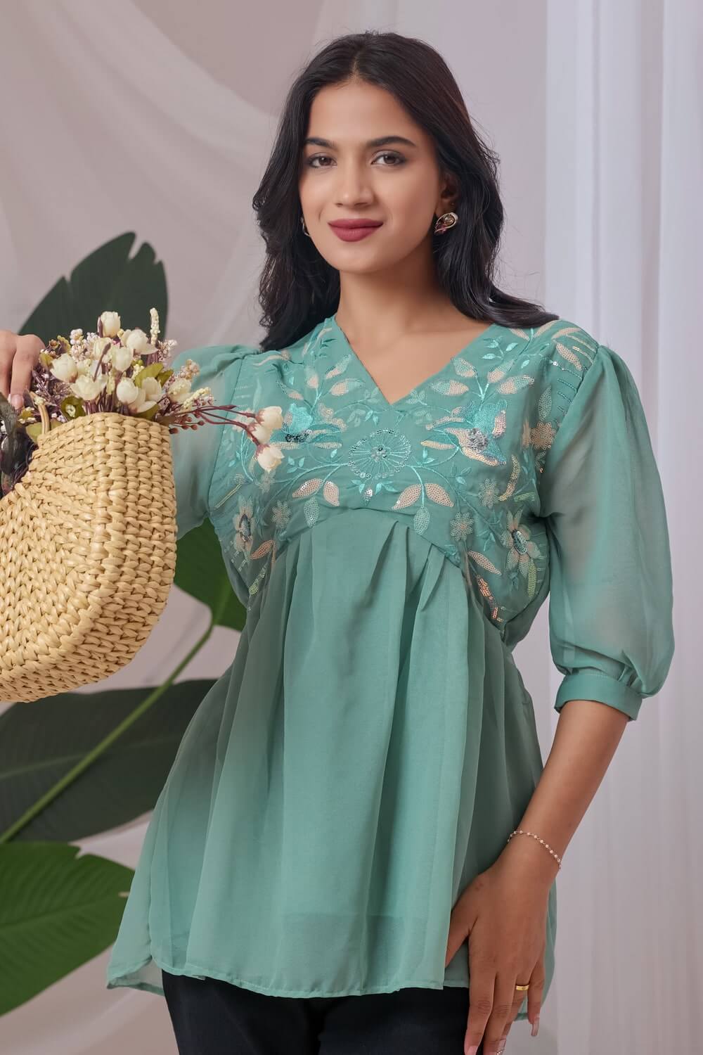 zelzis light green embroidered georgette top for women
