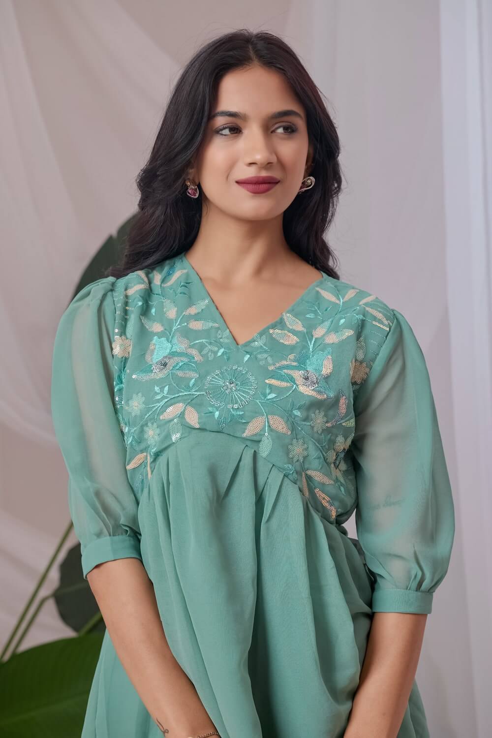 zelzis light green embroidered georgette top for women