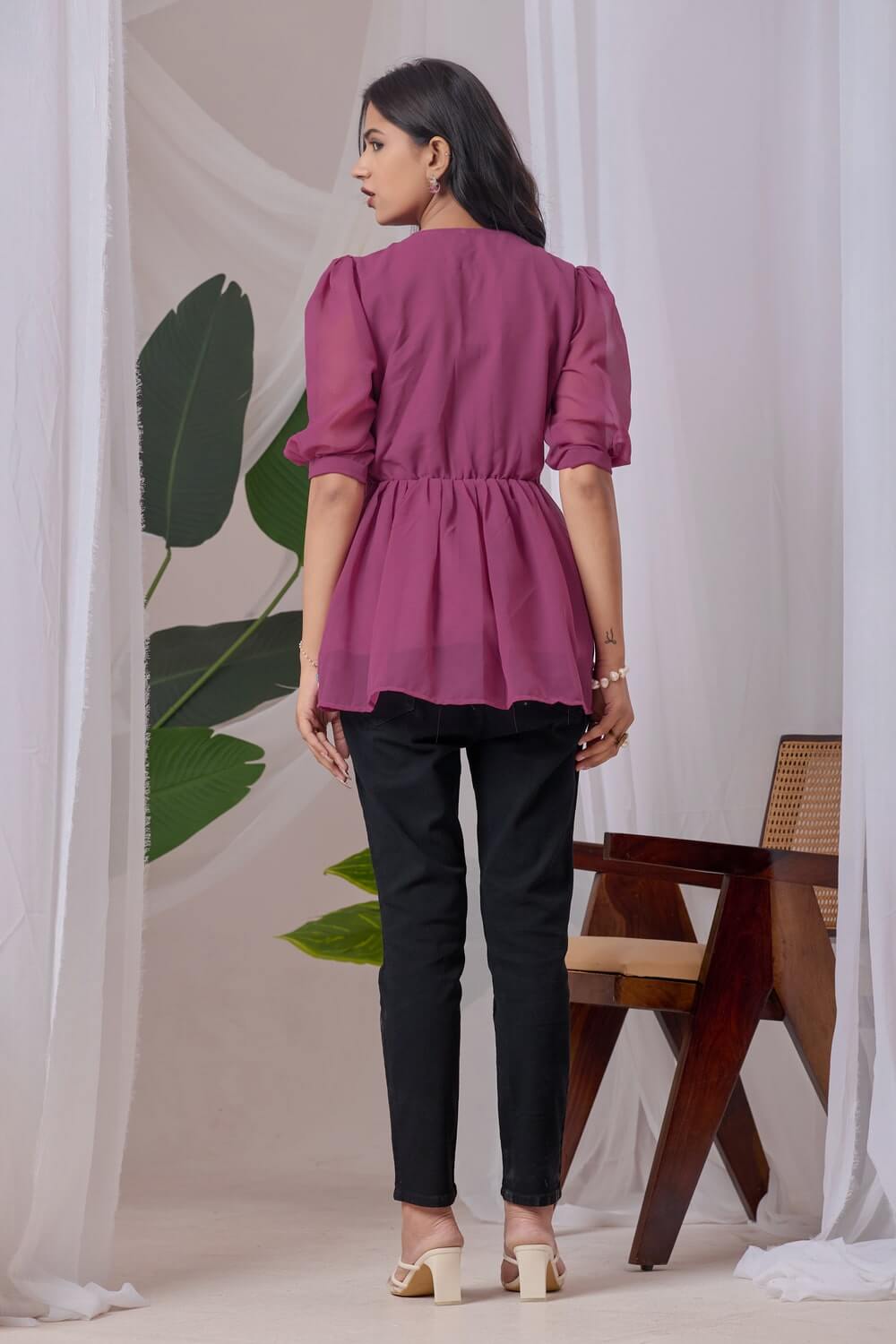 zelzis peach embroidered georgette top for women