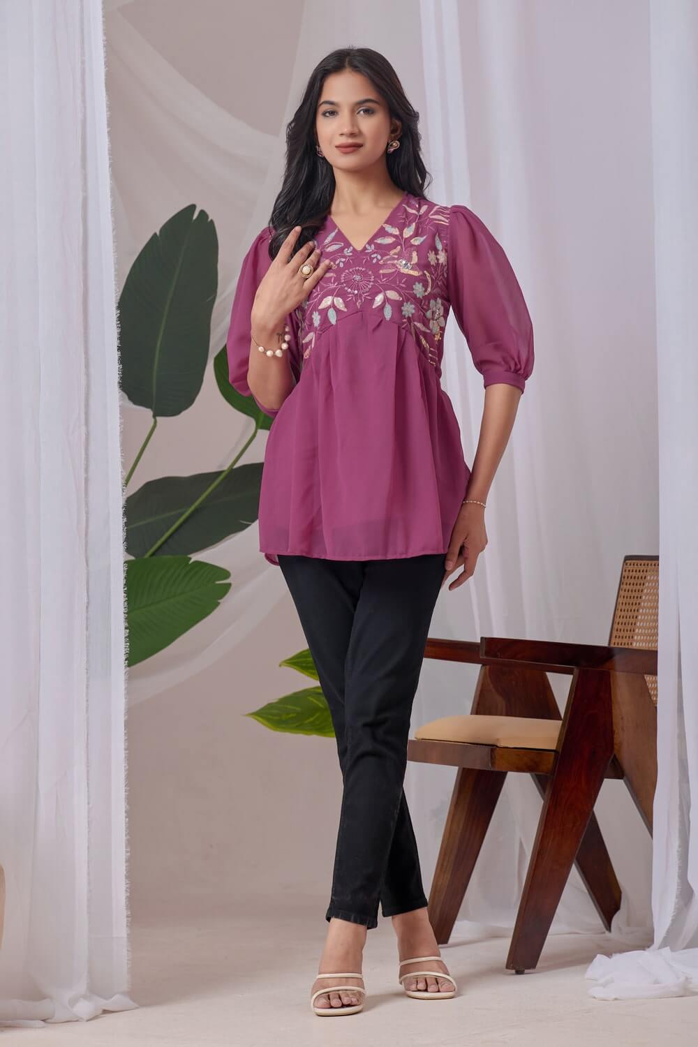 zelzis peach embroidered georgette top for women