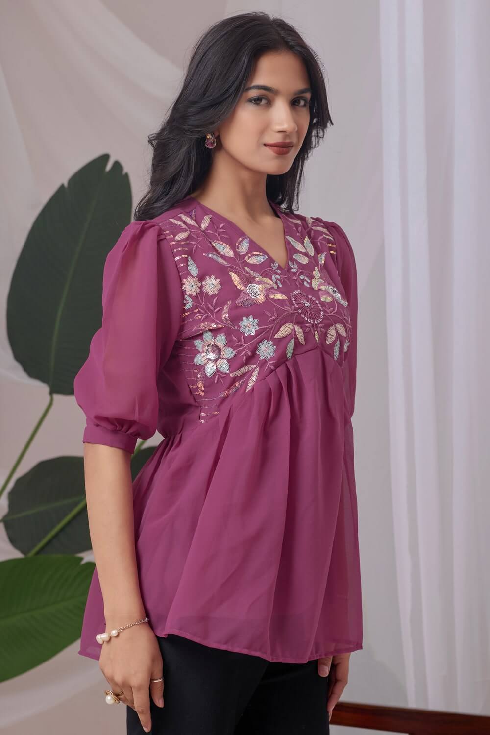 zelzis peach embroidered georgette top for women