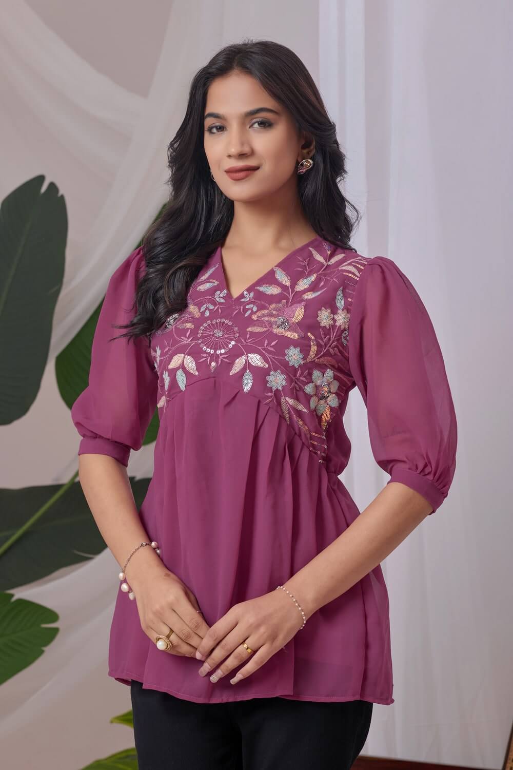 zelzis peach embroidered georgette top for women