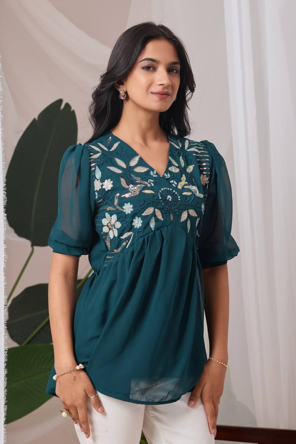 zelzis teal embroidered georgette top for women