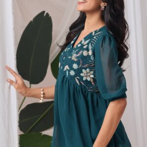 zelzis teal embroidered georgette top for women