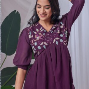 zelzis purple embroidered georgette top for women