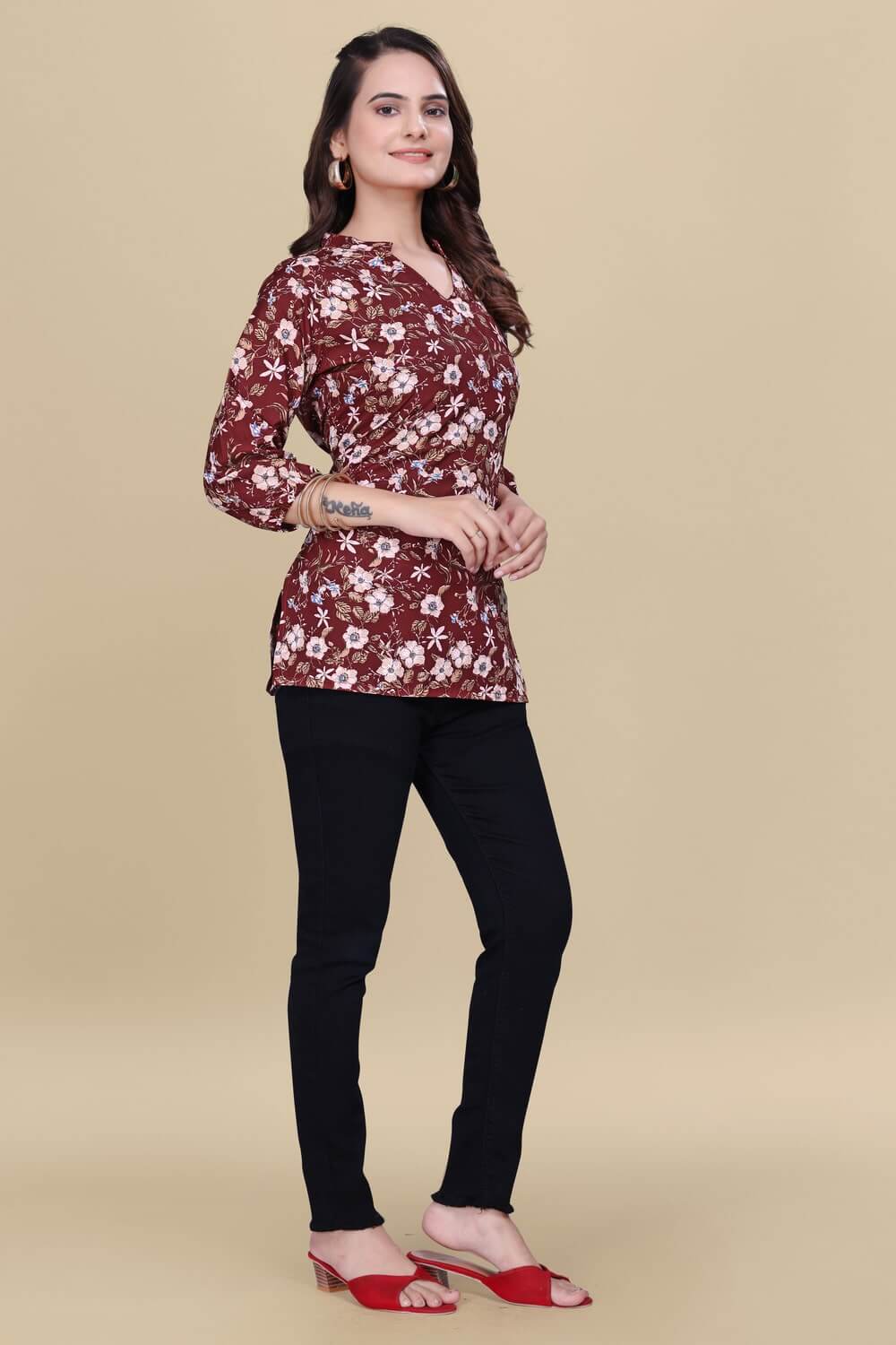 zelzis maroon floral crepe top for women – casual & party wear