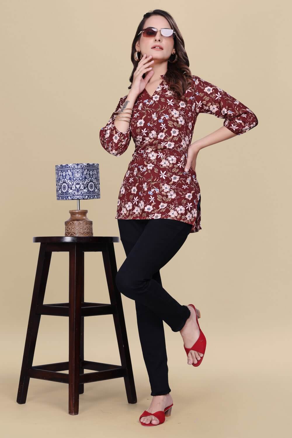 zelzis maroon floral crepe top for women – casual & party wear