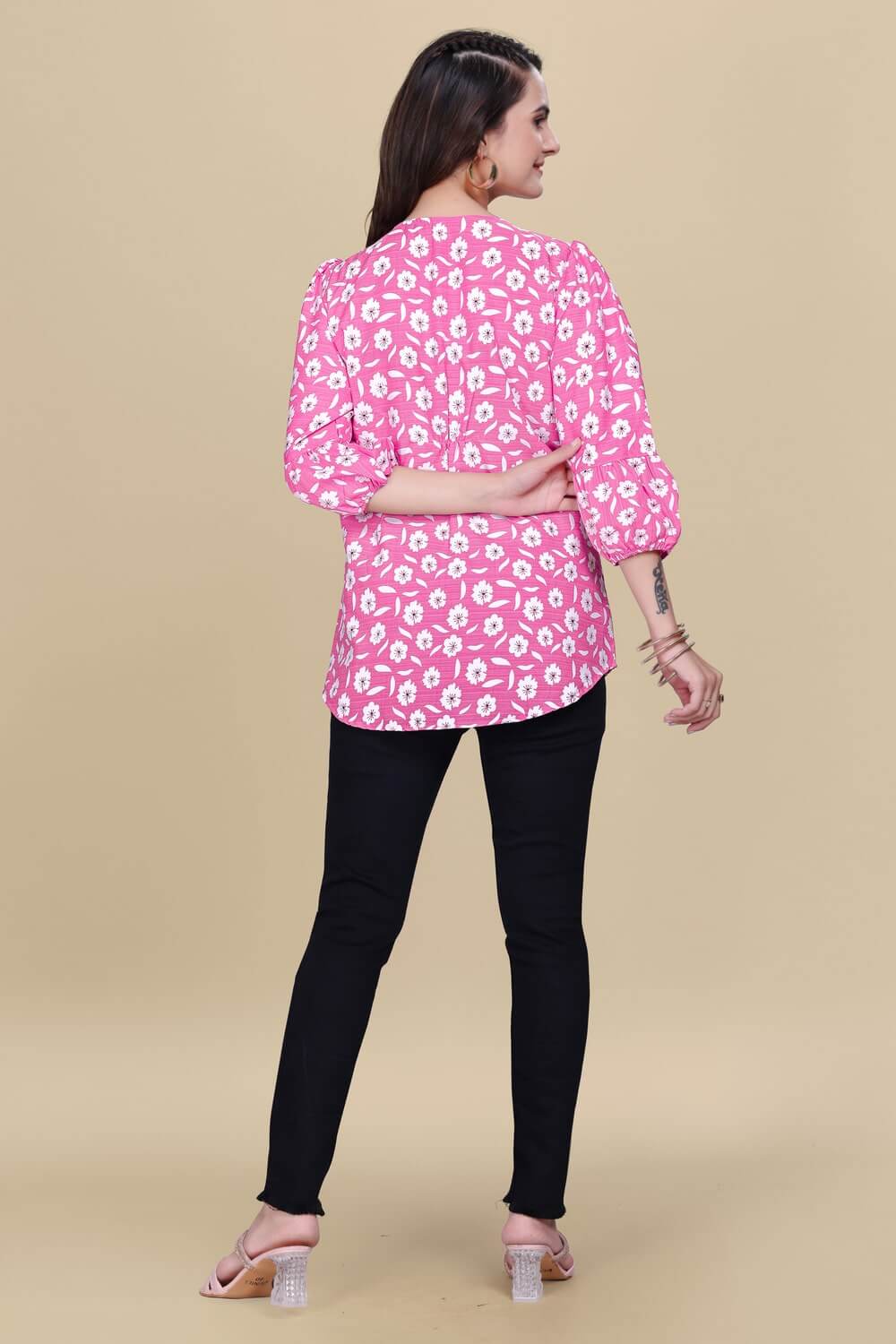 zelzis light pink floral crepe top for women – casual & party wear