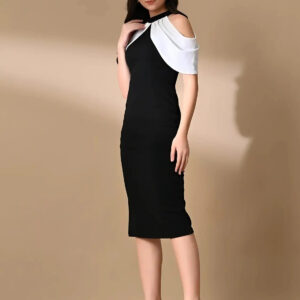 stylish black and white polyester bodycon dress halter neck sleeveless for girls