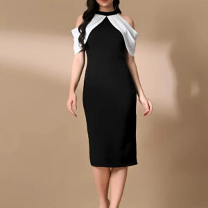 stylish black and white polyester bodycon dress halter neck sleeveless for girls