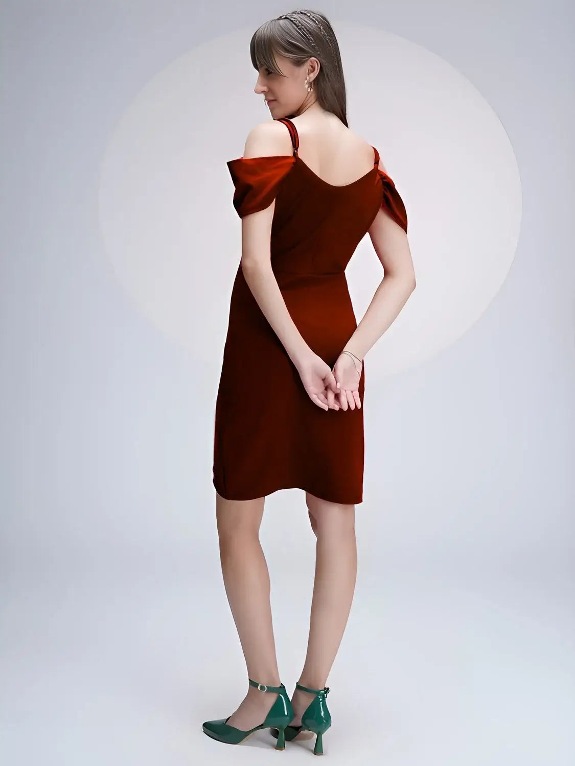 maroon v neck knee length dress for women | solid polyester with shoulder straps