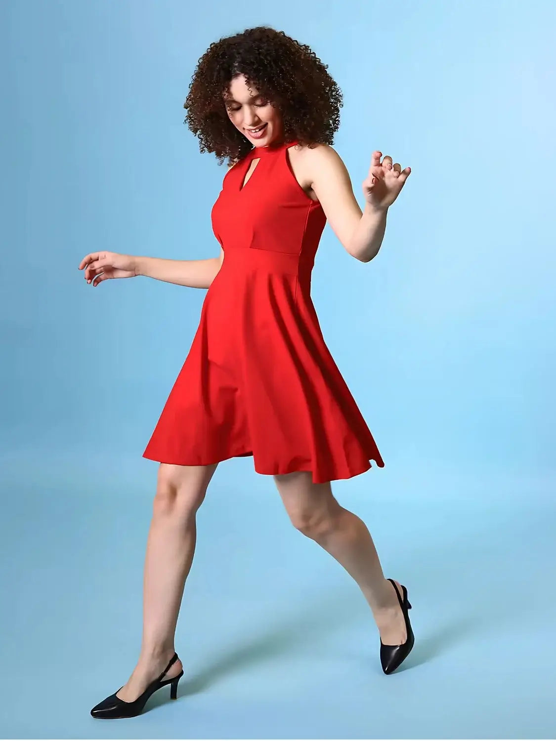zelzis women red solid sleeveless knee length dress with keyhole neck – casual & party wear