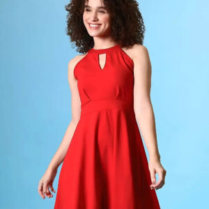 zelzis women red solid sleeveless knee length dress with keyhole neck – casual & party wear