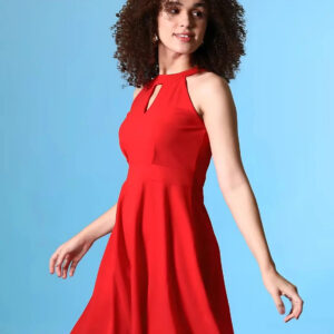 zelzis women red solid sleeveless knee length dress with keyhole neck – casual & party wear