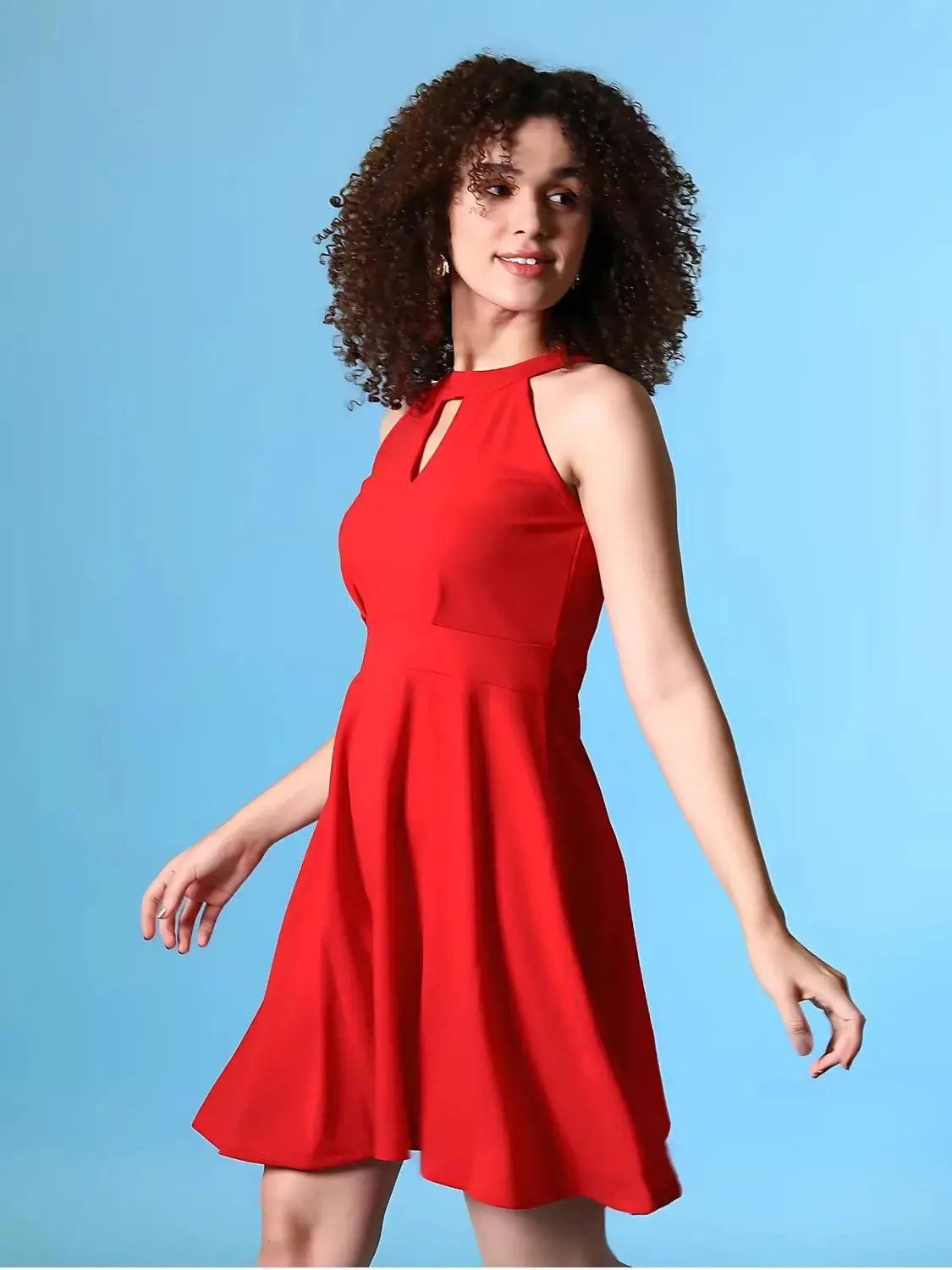 zelzis women red solid sleeveless knee length dress with keyhole neck – casual & party wear