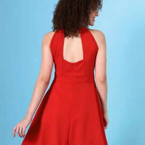 zelzis women red solid sleeveless knee length dress with keyhole neck – casual & party wear
