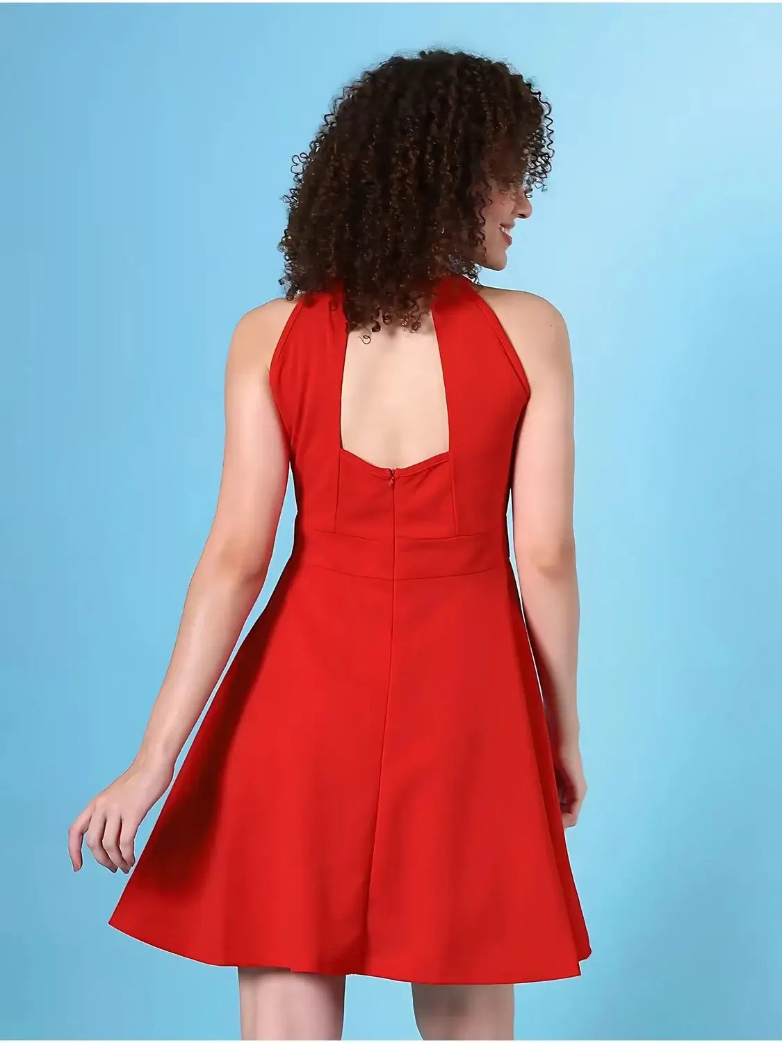zelzis women red solid sleeveless knee length dress with keyhole neck – casual & party wear