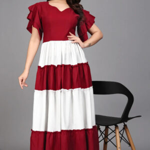 maroon colourblocks solid flared maxi dress for casual & party wear