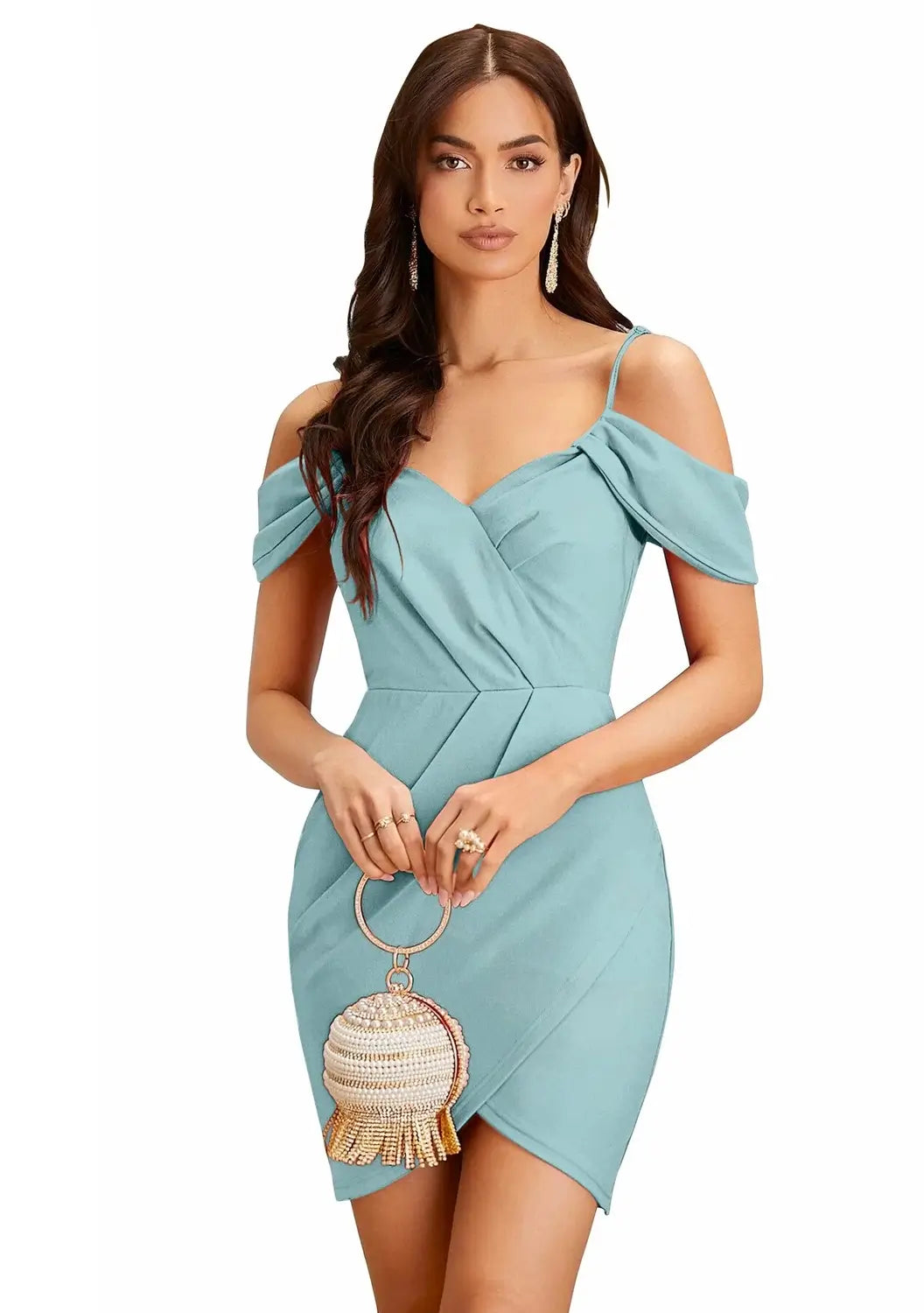 light blue shoulder strap party wear polyester knee length bodycon dress