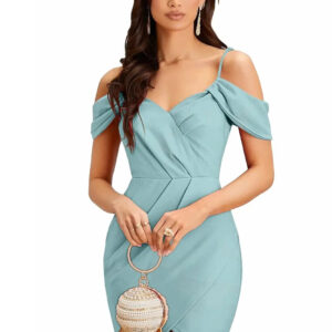 light blue shoulder strap party wear polyester knee length bodycon dress