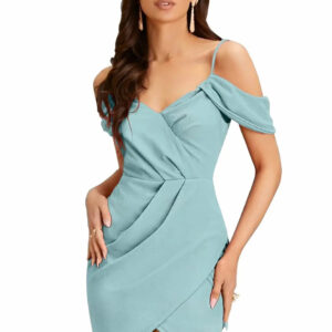 light blue shoulder strap party wear polyester knee length bodycon dress