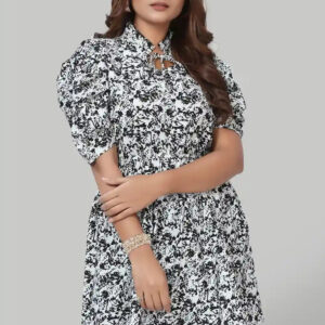 women's black tie up neck puff sleeve crepe tunic casual & office wear