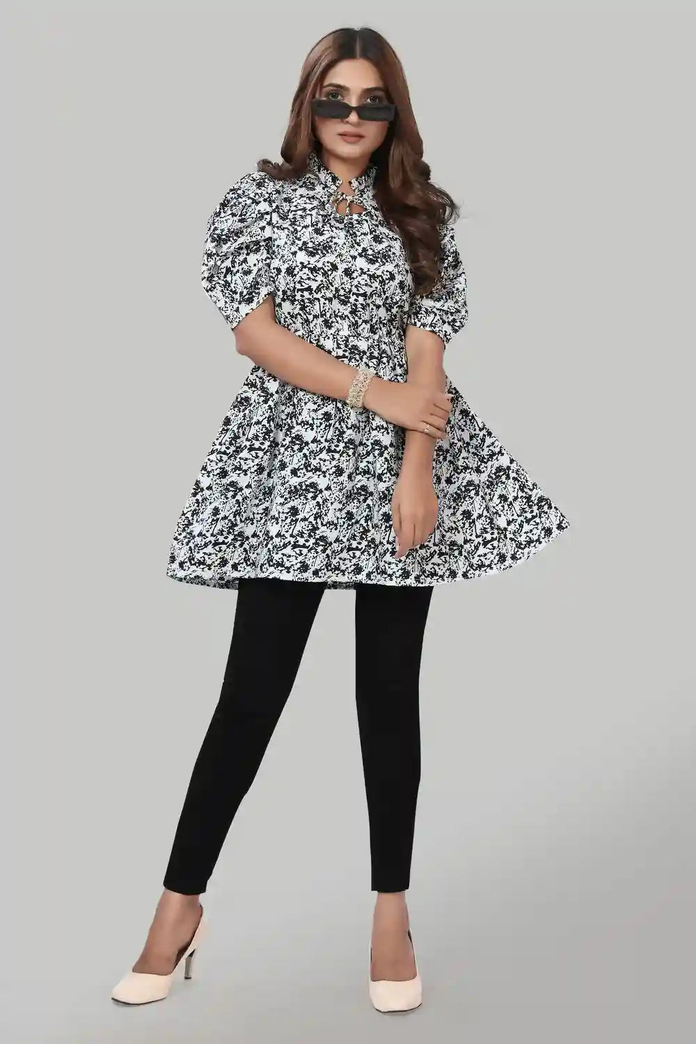 women's black tie up neck puff sleeve crepe tunic casual & office wear