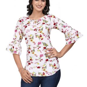 white flower round neck crepe casual tunic tops