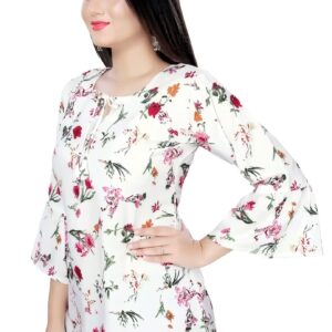 white floral printed crepe tunic top with bell sleeves for women