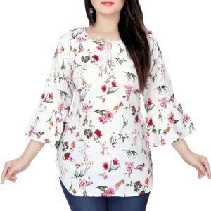 white floral printed crepe tunic top with bell sleeves for women