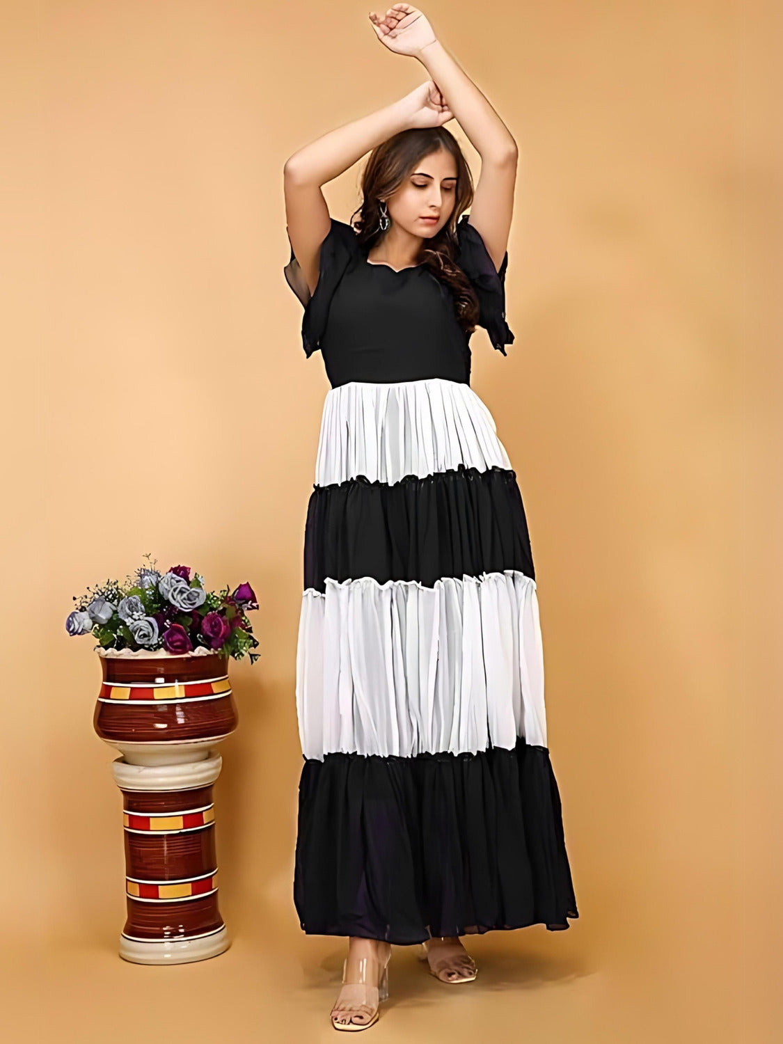 zelzis women's colourblocked solid maxi dress | crepe fabric | v neck & flared sleeves | casual & party wear