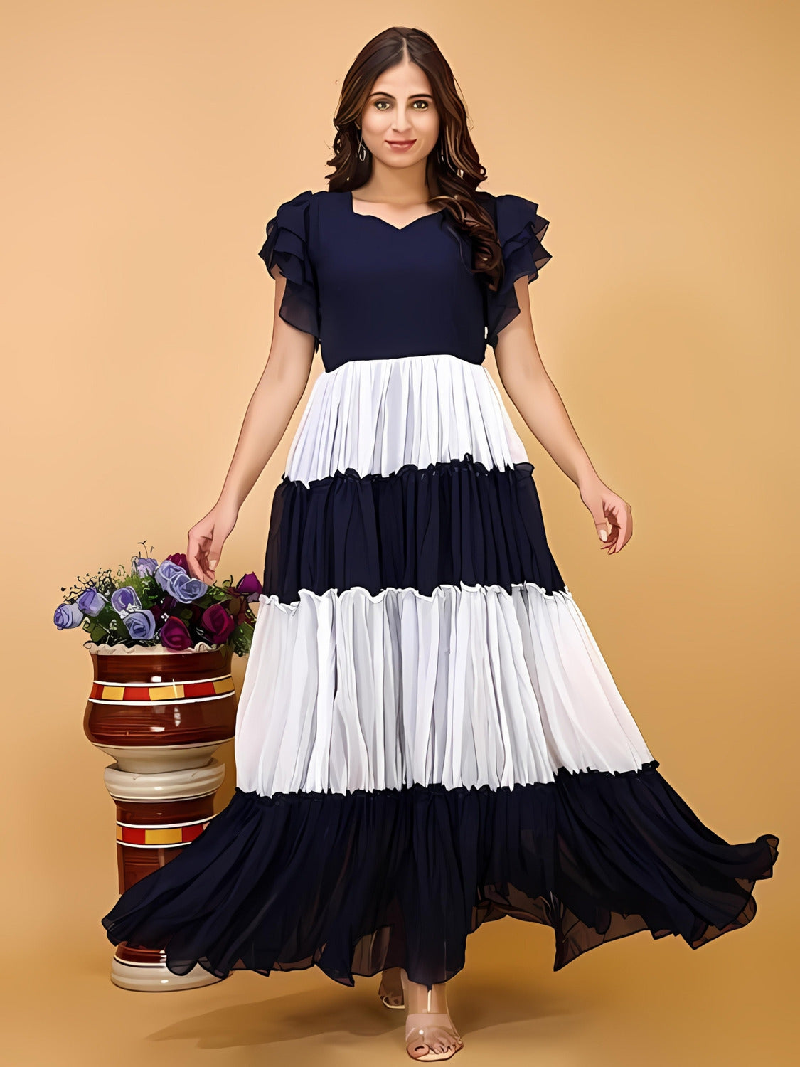 zelzis women's colourblocked solid maxi dress | crepe fabric | v neck & flared sleeves | casual & party wear