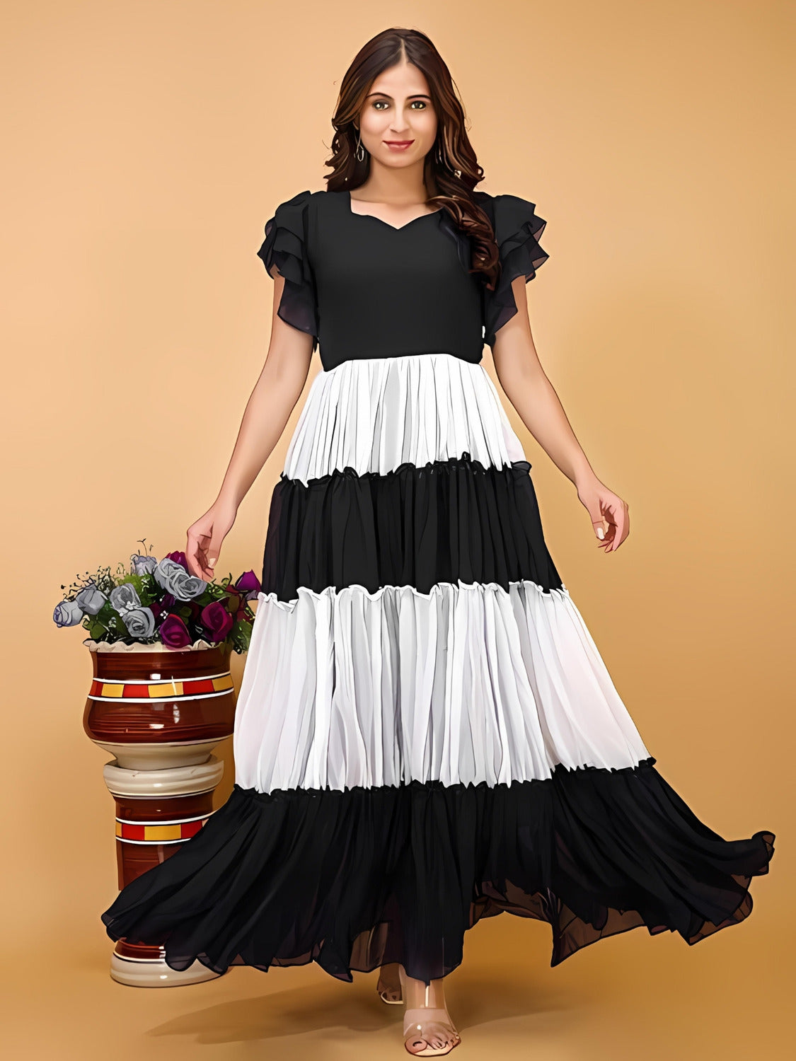 zelzis women's colourblocked solid maxi dress | crepe fabric | v neck & flared sleeves | casual & party wear