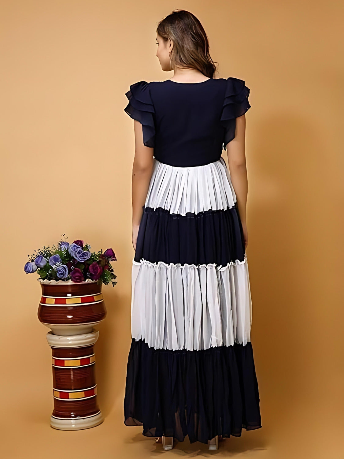 zelzis women's colourblocked solid maxi dress | crepe fabric | v neck & flared sleeves | casual & party wear