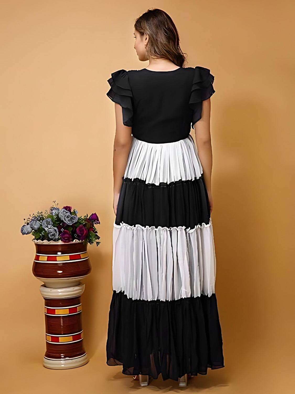 zelzis women's colourblocked solid maxi dress | crepe fabric | v neck & flared sleeves | casual & party wear