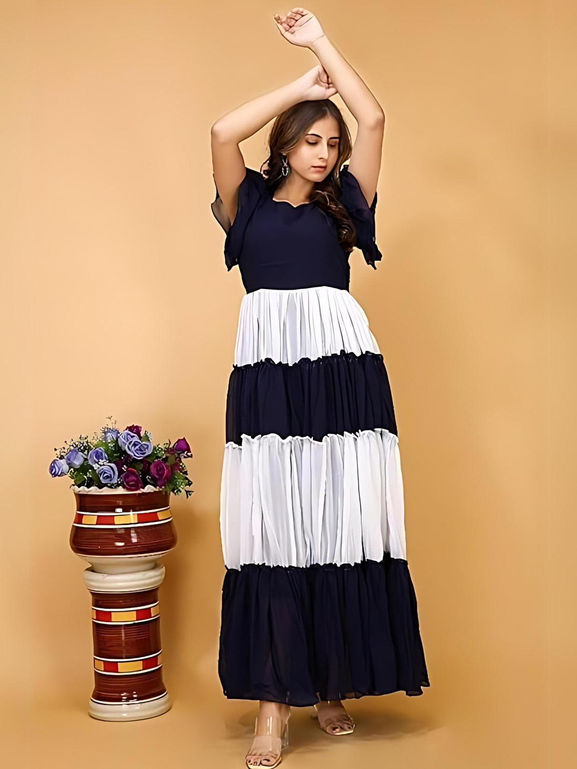 zelzis women's colourblocked solid maxi dress | crepe fabric | v neck & flared sleeves | casual & party wear