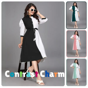 women pure cotton fit & flare dress with belt | colorblock knee length casual & party wear dress
