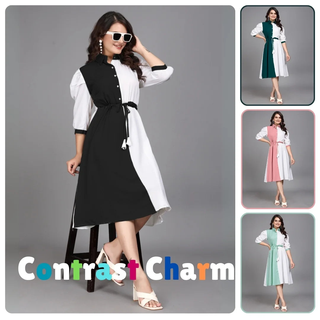women pure cotton fit & flare dress with belt | colorblock knee length casual & party wear dress