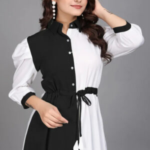 women pure cotton fit & flare dress with belt | colorblock knee length casual & party wear dress