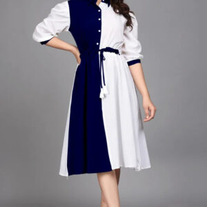 women pure cotton fit & flare dress with belt | colorblock knee length casual & party wear dress